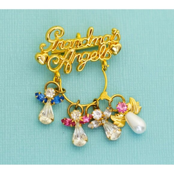 Vintage Grandma's Angels Rhinestones Teardrop Gold Tone Brooch - E2 - Picture 1 of 2